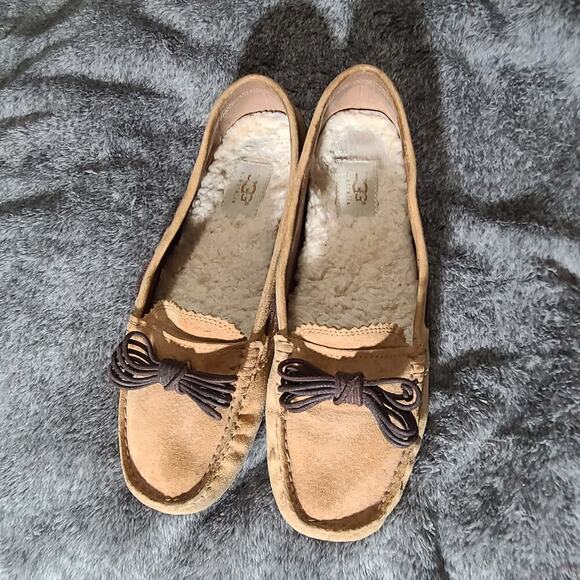 UGG Womens 9 Meena Shearling Suede Leather Driving Shoes Mocassins Slippers - Picture 2 of 9